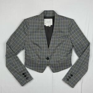 ANTHROPOLOGIE Women's 0 Cropped Knit Tuxedo Jacket Blazer Gray Blue Plaid Button